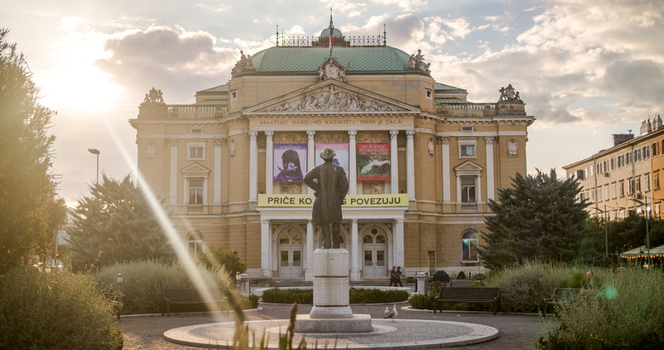 Rijeka Croatia 19 September 2026 View of the Croatian National Theatre Ivan pl. Zajc with its neoclassical facade and the composer statue in the foreground during golden hour. Rijeka Croatia 19 September 2026 View of the Croatian National Theatre Ivan pl. Zajc with its neoclassical facade and the composer statue in the foreground during golden hour.