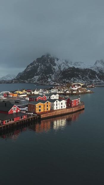 Aerial view of Henningsv&aelig;r Bryggehotell Norway.
