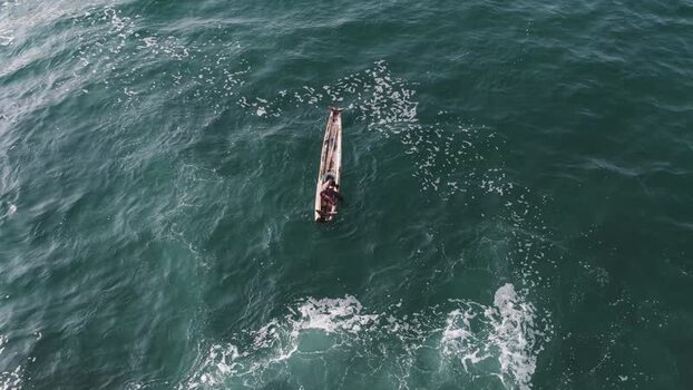Aerial view of fishermen in a wooden boat on the sea India. Aerial view of fishermen in a wooden boat on the sea India.