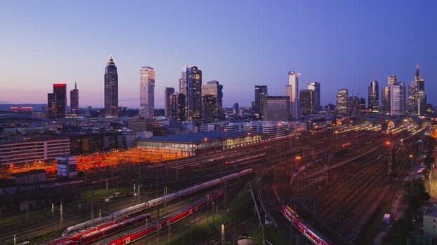 Aerial view of Hauptbahnhof and the skyline in Frankfurt Germany.