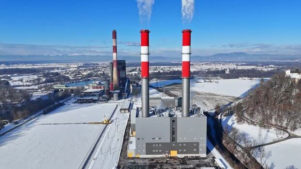 Aerial view of a power plant with tall chimneys Austria.