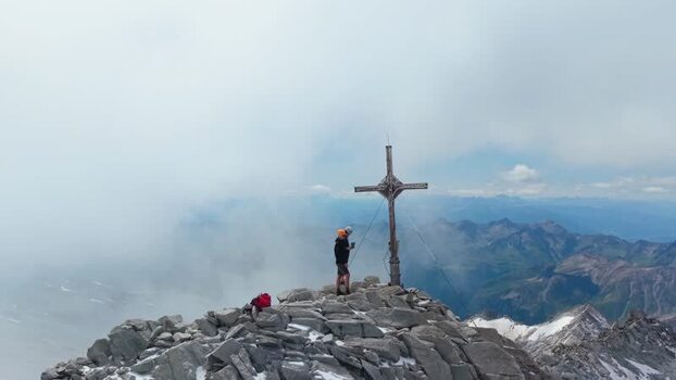 Aerial view of Grosser Moseler summit cross in Austria.