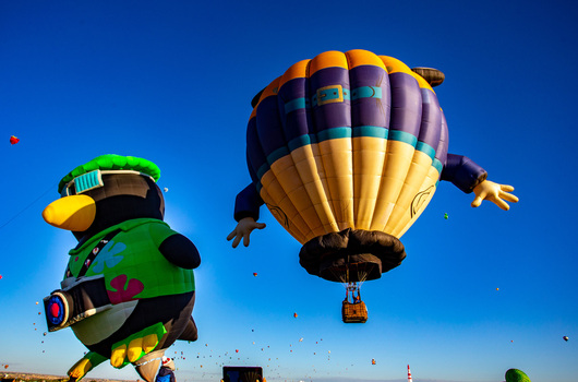 Albuquerque United States 12 October 2017 View of whimsical hot air balloons shaped like a penguin and a cartoon character ascend against the crisp clear azure sky. Albuquerque United States 12 October 2017 View of whimsical hot air balloons shaped like a penguin and a cartoon character ascend against the crisp clear azure sky.
