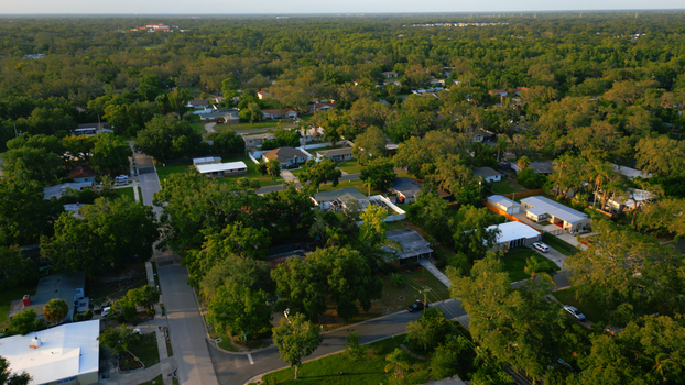 Aerial view of a residential neighborhood with houses nestled among lush green trees and paved streets during the golden hour in Tampa Florida United States. Aerial view of a residential neighborhood with houses nestled among lush green trees and paved streets during the golden hour in Tampa Florida United States.