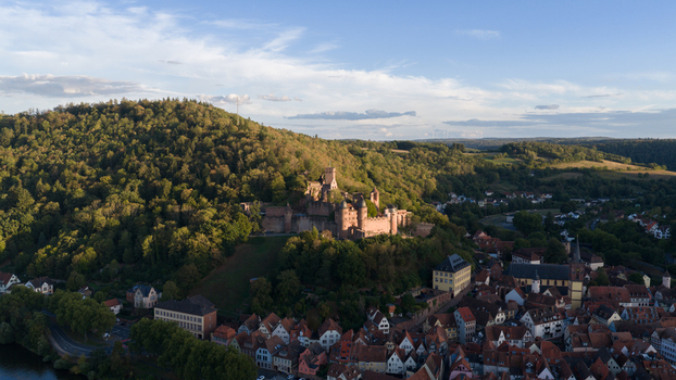 Aerial view of Wertheim Castle perched on a forested hill overlooking the historic town rooftops and the river valley during the golden hour in Wertheim Baden Wurttemberg Germany.