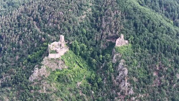 Aerial view of medieval castle ruins in the forest France. Aerial view of medieval castle ruins in the forest France.