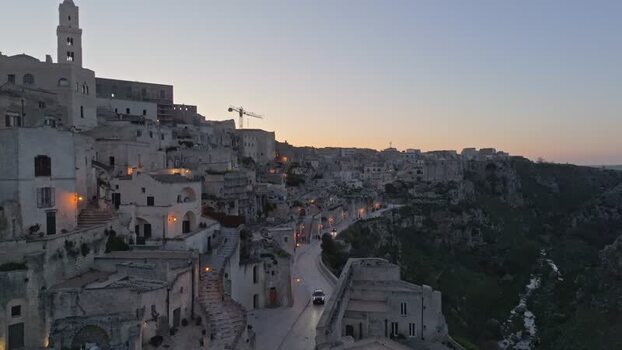 Aerial view of Sassi di Matera at dusk Italy.