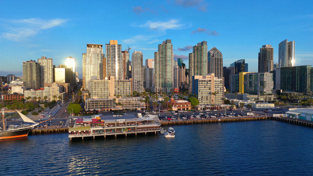 San Diego United States 01 April 2026 Aerial view of the San Diego skyline and waterfront along North Harbor Drive featuring modern skyscrapers the pier and calm bay waters.