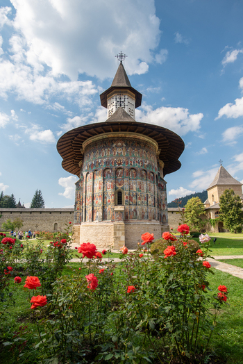 View of the historic Sucevita Monastery with its iconic exterior frescoes surrounded by vibrant red roses in a lush garden in Sucevita Judetul Suceava Romania. View of the historic Sucevita Monastery with its iconic exterior frescoes surrounded by vibrant red roses in a lush garden in Sucevita Judetul Suceava Romania.