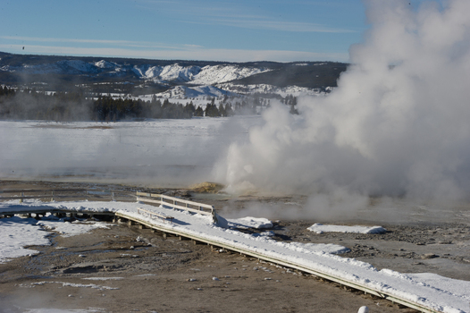 View of a geyser erupting with steam in a snow covered landscape with a wooden boardwalk in the foreground at Yellowstone National Park Wyoming United States. View of a geyser erupting with steam in a snow covered landscape with a wooden boardwalk in the foreground at Yellowstone National Park Wyoming United States.