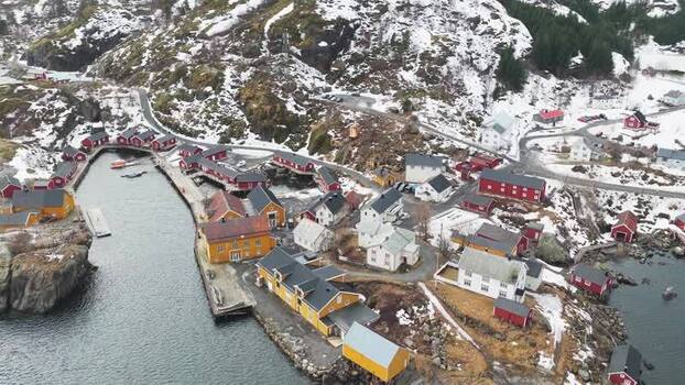 Aerial view of Nusfjord Fishing Village Norway.