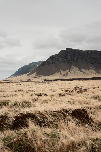 View of the rugged mountain landscape with dry golden grass under an overcast sky in Borgarbyggd Iceland. View of the rugged mountain landscape with dry golden grass under an overcast sky in Borgarbyggd Iceland.