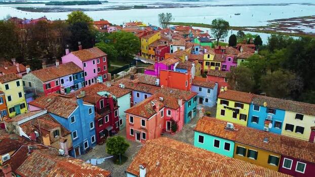 Aerial view of Burano island with colorful houses in Venice Italy. Aerial view of Burano island with colorful houses in Venice Italy.