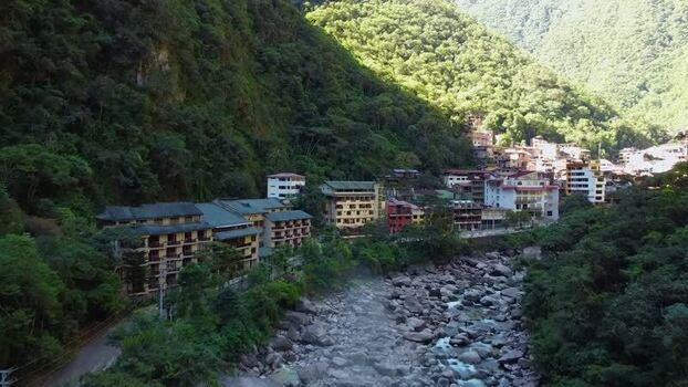 Aerial view of Aguas Calientes town in the Andes mountains Peru.