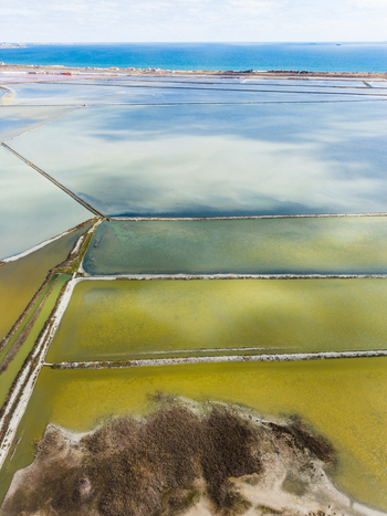 Aerial view of Lake Atanasovsko featuring colorful salt evaporation ponds and narrow dikes near the Black Sea coast Burgas Burgas Bulgaria. Aerial view of Lake Atanasovsko featuring colorful salt evaporation ponds and narrow dikes near the Black Sea coast Burgas Burgas Bulgaria.