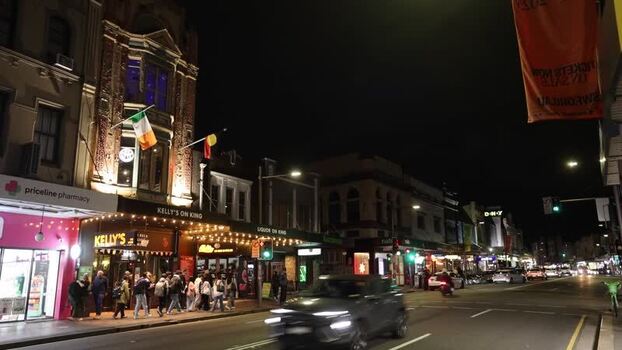 View of Kelly s on King pub at night in Sydney Australia.