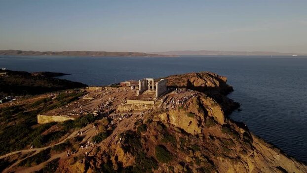 Aerial view of the Temple of Poseidon at Cape Sounion Greece.