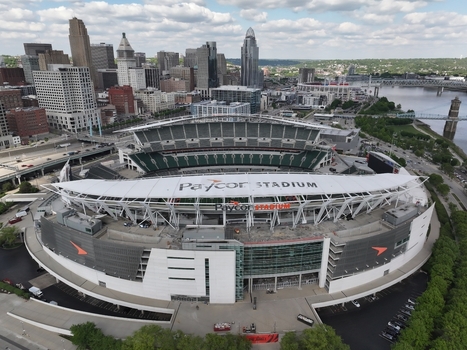 Cincinnati United States 25 April 2026 Aerial view of Paycor Stadium with the city skyline and Ohio River under a partly cloudy sky. Cincinnati United States 25 April 2026 Aerial view of Paycor Stadium with the city skyline and Ohio River under a partly cloudy sky.