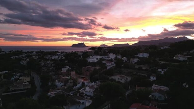 Aerial view of Moraira at sunset Spain.