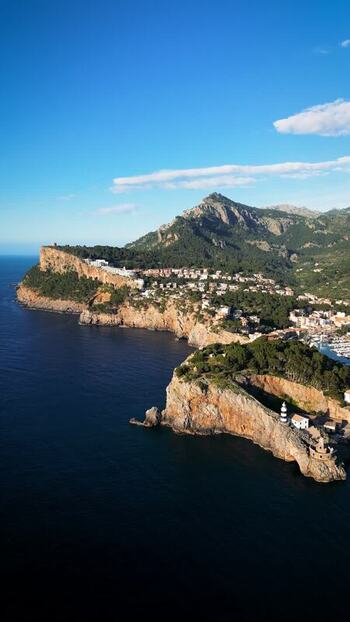 Aerial view of Port de Soller and the lighthouse Spain.