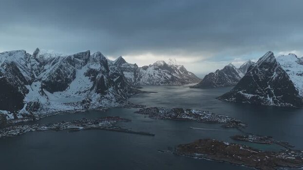 Aerial view of Reinebringen mountains Norway.