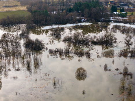 Aerial view of a flooded landscape with bare trees submerged in reflecting water and patches of melting ice in Kedainiai Kaunas County Lithuania. Aerial view of a flooded landscape with bare trees submerged in reflecting water and patches of melting ice in Kedainiai Kaunas County Lithuania.