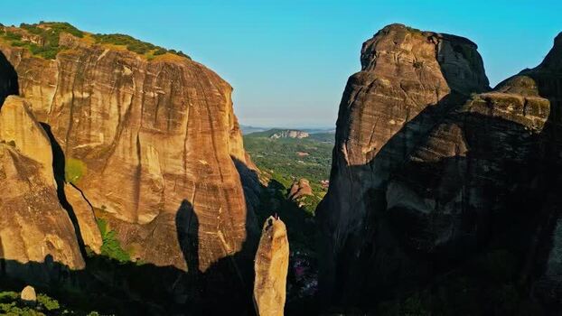 Aerial view of Meteora rock formations Greece.
