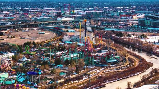 Aerial view of Elitch Gardens Theme Park in Denver United States. Aerial view of Elitch Gardens Theme Park in Denver United States.