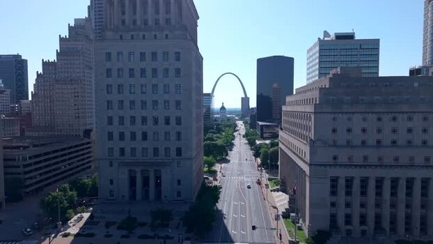 Aerial view of The Gateway Arch and city skyline United States.