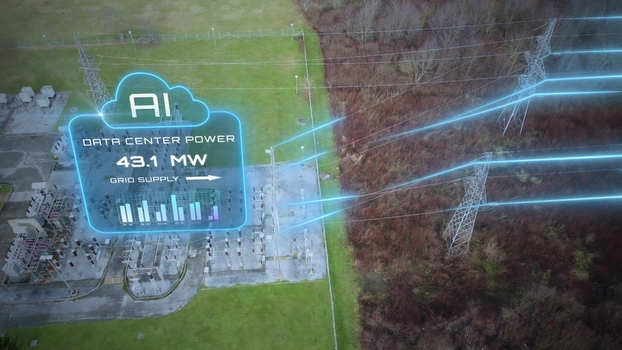 Aerial view of electrical substation with added graphics showing AI data center power demand with animated electricity flow and energy monitoring Aerial view of electrical substation with added graphics showing AI data center power demand with animated electricity flow and energy monitoring