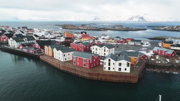 Aerial view of Henningsv&aelig;r Bryggehotell Norway.