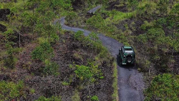 Aerial view of off road vehicle near Mount Batur Indonesia. Aerial view of off road vehicle near Mount Batur Indonesia.