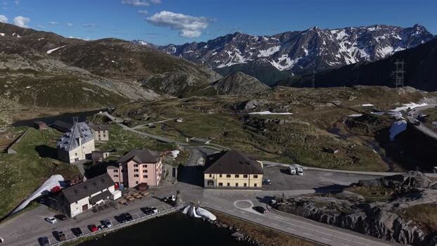 Aerial view of Hotel Passo San Gottardo in the Alps Switzerland. Aerial view of Hotel Passo San Gottardo in the Alps Switzerland.