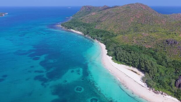 Aerial view of Curieuse Island beach Seychelles.