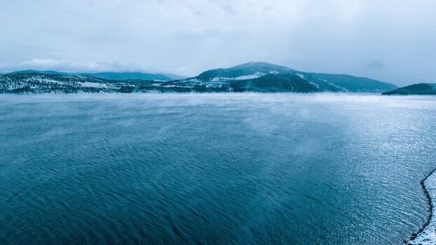 Aerial view of Dillon Reservoir in winter United States.