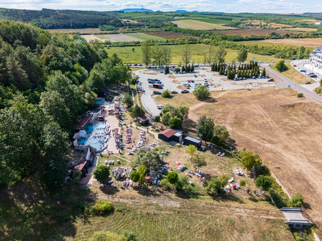 Aerial view of Egerszalok thermal spa pools in northern Hungary during summer Aerial view of Egerszalok thermal spa pools in northern Hungary during summer