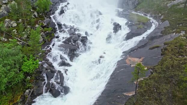 Aerial view of Kjemafossen waterfall in Saltdal Norway.