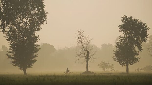 View of a person cycling through a misty rural field Bangladesh.