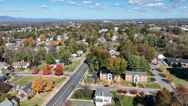 Aerial view of residential streets and autumn foliage in the town of Lynchburg Virginia United States. Aerial view of residential streets and autumn foliage in the town of Lynchburg Virginia United States.