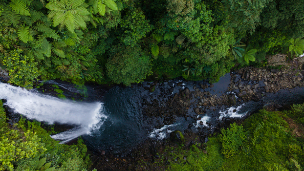 Aerial view of Gomblang Waterfall cascading into a rocky stream surrounded by lush tropical forest and green ferns in Kecamatan Kedungbanteng Jawa Tengah Indonesia. Aerial view of Gomblang Waterfall cascading into a rocky stream surrounded by lush tropical forest and green ferns in Kecamatan Kedungbanteng Jawa Tengah Indonesia.