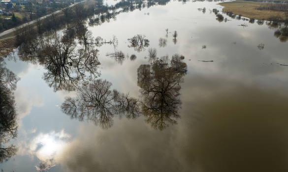 Aerial view of flooded river plains with submerged trees and sky reflections on the water surface in Kedainiai Kaunas County Lithuania. Aerial view of flooded river plains with submerged trees and sky reflections on the water surface in Kedainiai Kaunas County Lithuania.