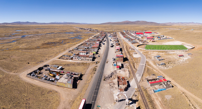 Aerial view of the town of Imata situated in the high altitude arid landscape of the Andes with a main road railway line and a soccer field in Imata Arequipa Peru. Aerial view of the town of Imata situated in the high altitude arid landscape of the Andes with a main road railway line and a soccer field in Imata Arequipa Peru.