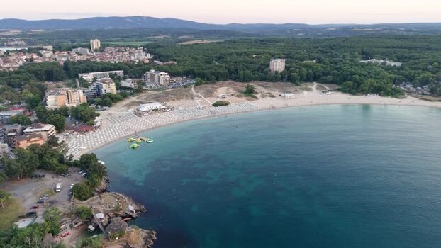 Aerial view of Kiten beach and coastal forest Bulgaria.