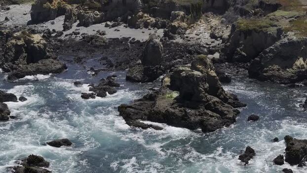 Aerial view of rocky coastline in Fort Bragg United States.