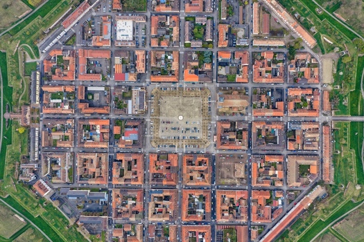 Aerial view of the octagonal fortress city with its symmetrical layout and red tiled roofs a testament to military precision Neuf Brisach Grand Est France.