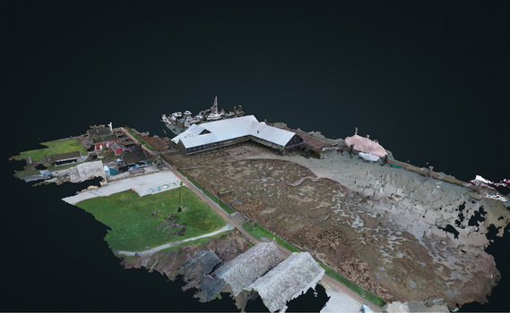 Aerial view of a 3D photogrammetry model showing coastal buildings a dock with boats and surrounding terrain in Richmond British Columbia Canada. Aerial view of a 3D photogrammetry model showing coastal buildings a dock with boats and surrounding terrain in Richmond British Columbia Canada.