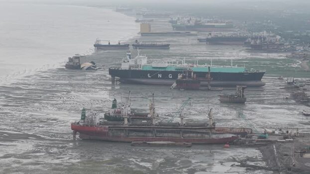 Aerial view of Ship Breakers Yard in Bhatiari Bangladesh.