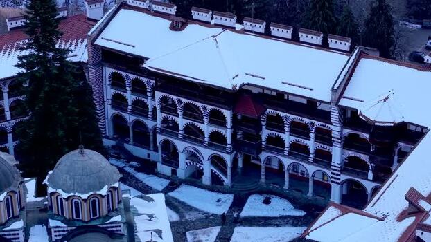 Aerial view of Rila Monastery in Rilski manastir Bulgaria.