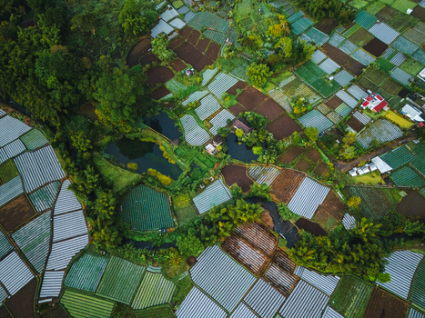 Aerial view of the Sembalun agricultural basin nestled at the foothills of Mount Rinjani with terraced fields greenhouses and small ponds in Sembalun West Nusa Tenggara Indonesia. Aerial view of the Sembalun agricultural basin nestled at the foothills of Mount Rinjani with terraced fields greenhouses and small ponds in Sembalun West Nusa Tenggara Indonesia.