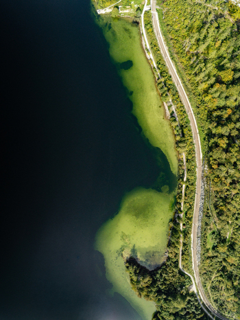 Aerial view of the shoreline of Lake Hallstatt with a railway track running through the dense forest in Hallstatt Upper Austria Austria.